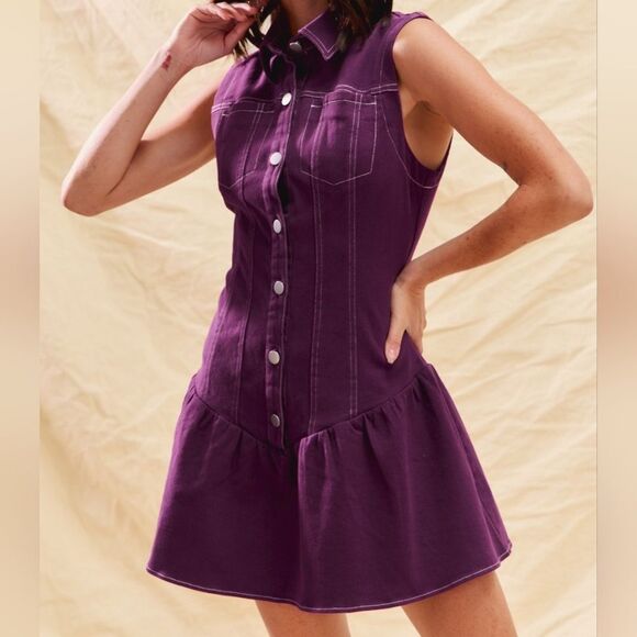 Purple Sleeveless Button-Down Dress White Stitching size Large - Picture 7 of 14